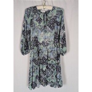 Calvin Klein Dress 4 Women's Blue Geometric Print 3/4 Puff Sleeve Tie Neck Mini